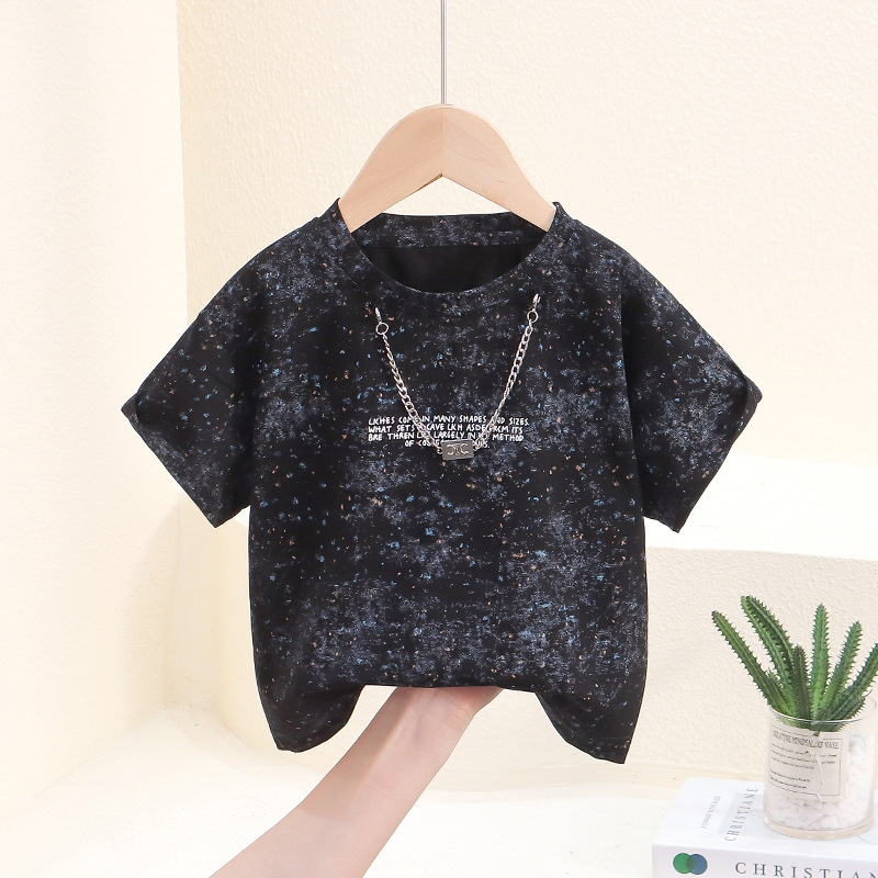 7836 Camiseta de manga corta de verano para niños, niño delgado, collar de estilo extranjero, camisa de bebé de media manga, vestido de verano para niños