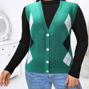 Plus Size V Neck Rhombus Plaid Women's Vest Loose Elegant Cardigan Sweater