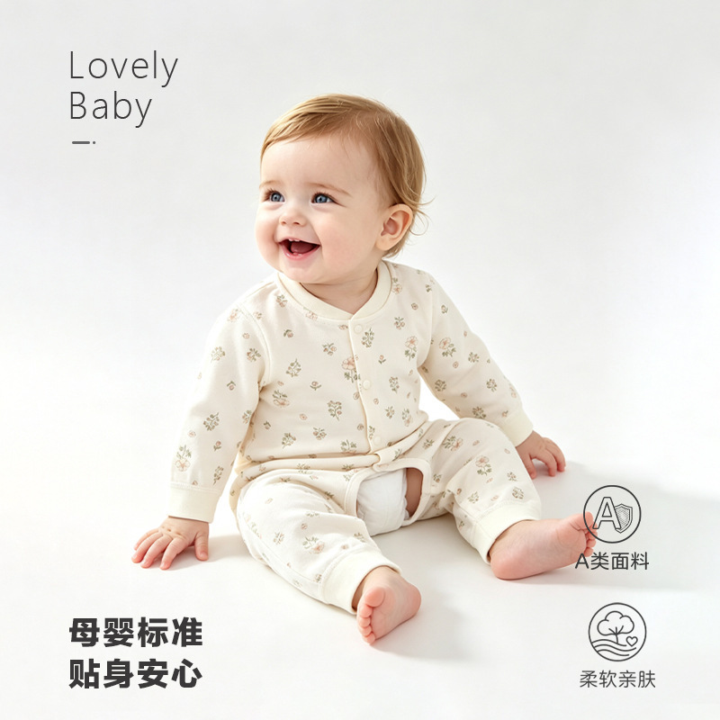 Seamless design baby cotton long-sleeve romper, autumn style, Class A pure cotton newborn open-crotch jumpsuit