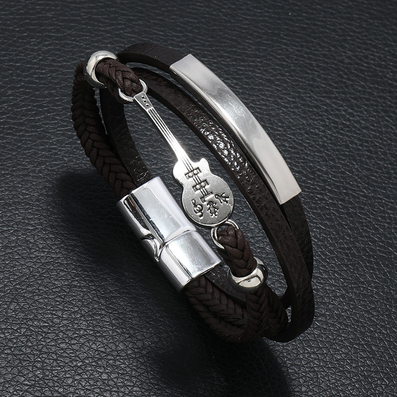 Pulseira masculina estilo punk europeu e americano com guitarra, feita de corda de couro trançada multicamadas, um ótimo presente para namorado._voghion.com