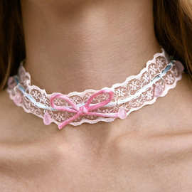 尼曼新款粉色少女心蝴蝶结蕾丝彩色手工串珠项链甜美锁骨链
