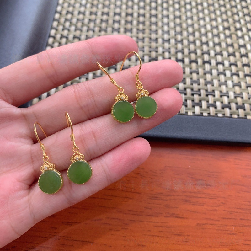 Natural Hetian Jade Round Earrings with S925 Silver Inlay, Wholesale from Manufacturer