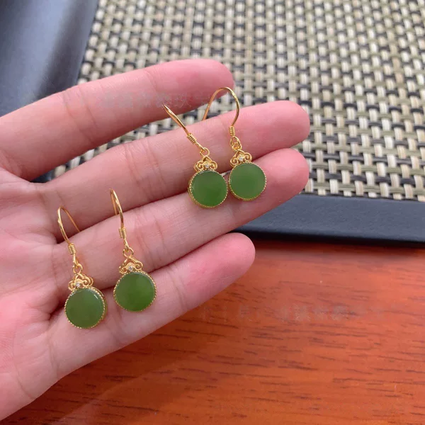 Natural Hetian Jade Round Earrings with S925 Silver Inlay, Wholesale from Manufacturer
