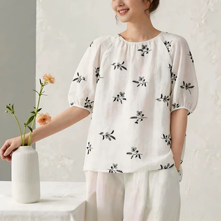 印花中式盘扣衬衫棉麻显瘦上衣女2026夏季新款气质宽松衬衣