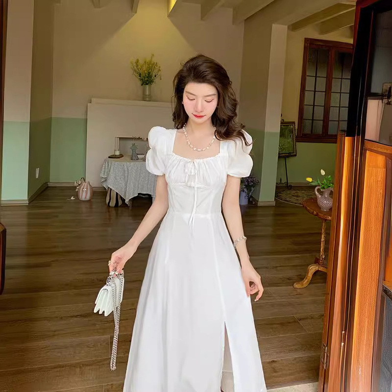 Dress Bohemian long pure white sexy short sleeve split New style tight waist square collar casual French European and American style