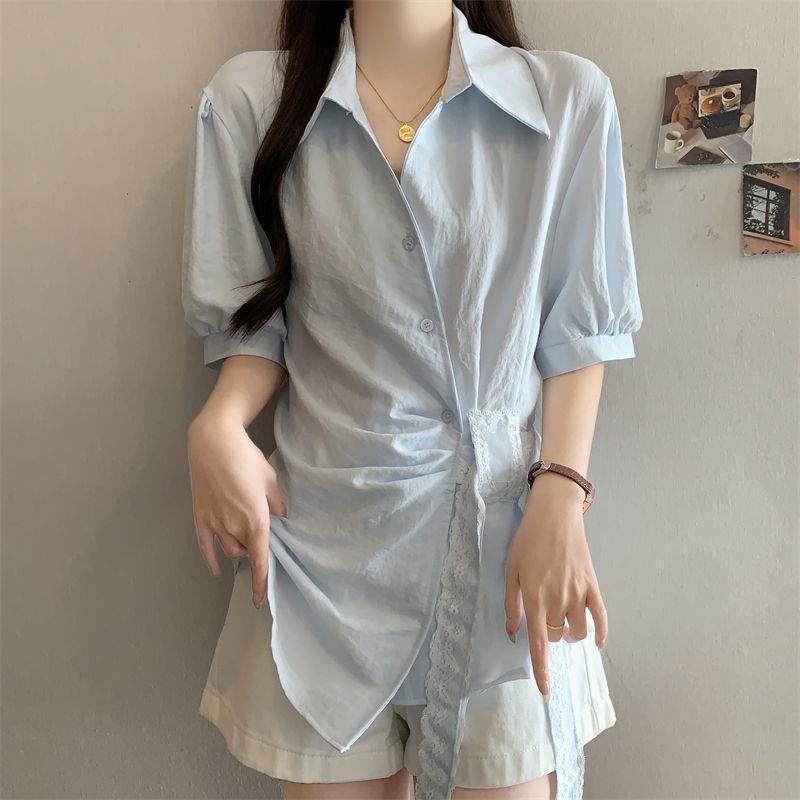 Irregular Short-Sleeved Bottoming Shirt for Women, New Summer Style, Plus Size, Slimming Lace-Up Waist-Cinching Top That Covers the Belly Irregular Short-Sleeved Bottoming Shirt for Women, New Summer Style, Plus Size, Slimming Lace-Up Waist-Cinching Top That Covers the Belly