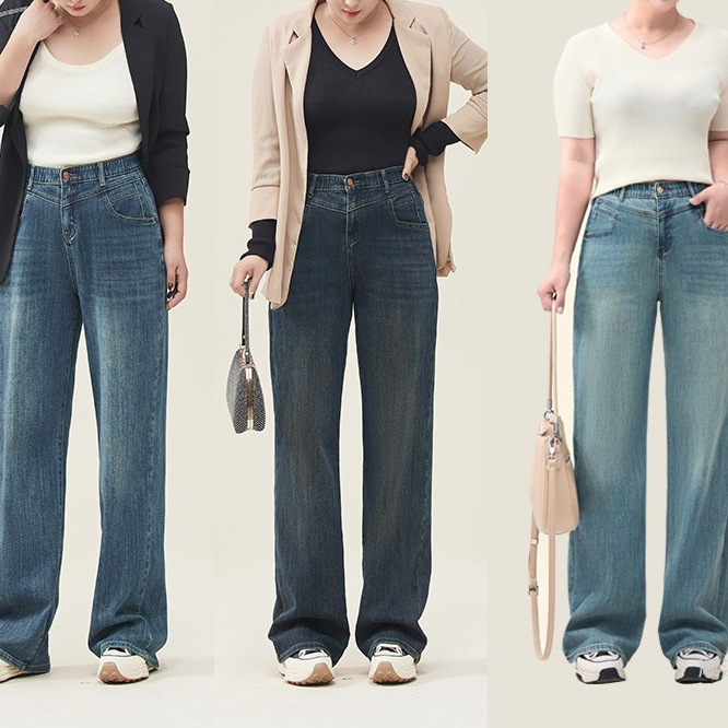Slightly Fat Pear-Shaped Plus Size Women's Denim Straight Floor-Length Pants Elastic Loose Version Spring New Style Others