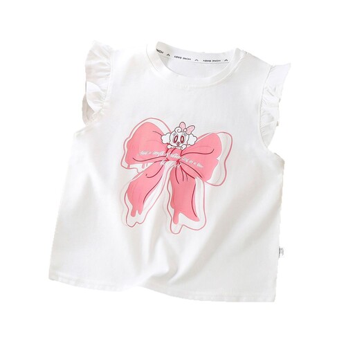 Summer New Pure Cotton Girls' Wing Sleeve T-Shirt Soft Breathable Sweat-absorbent Versatile Cute Fashion T-shirt