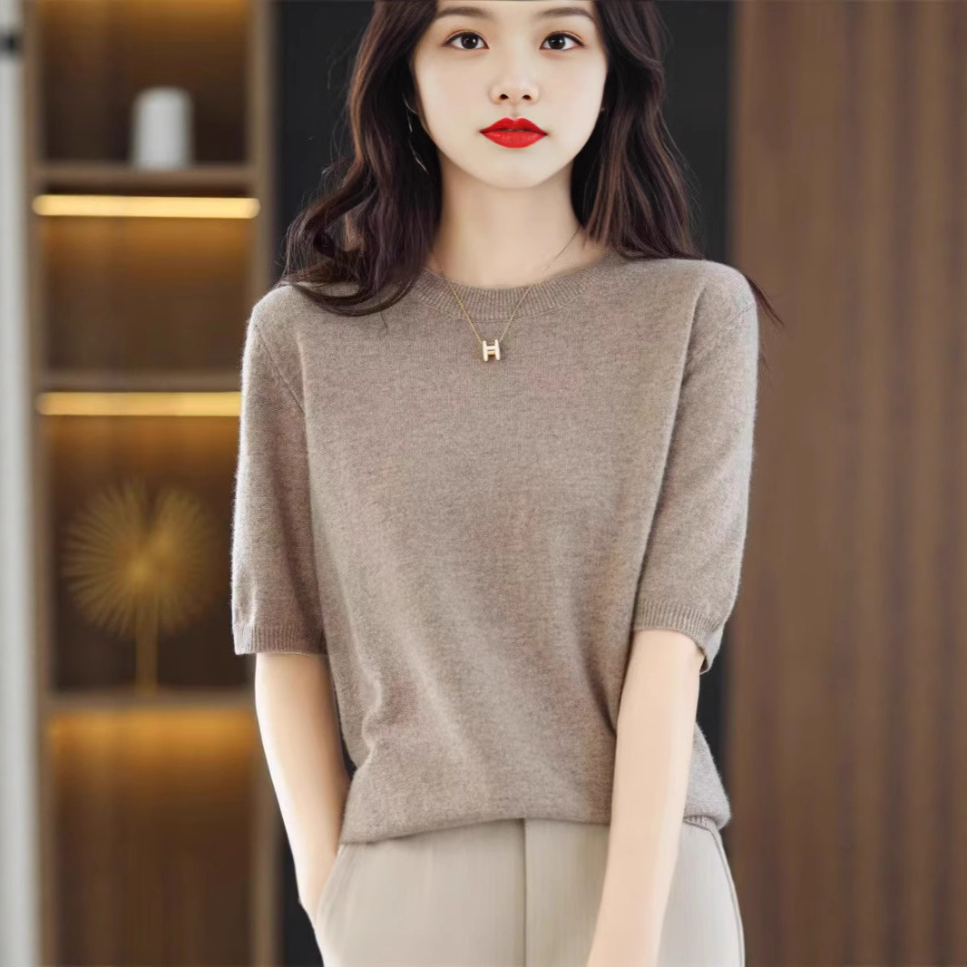 针织短袖薄款上衣女T恤2025春秋半袖羊毛打底衫圆领中袖宽松批发