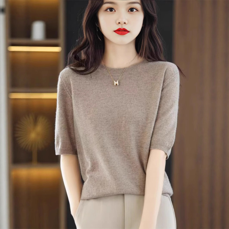 Knitted Short-Sleeved Thin Tops Women's T-Shirts 2025 Spring & Fall Half-Sleeved Wool Bottoming Shirts Round Neck Mid-Sleeve Loose Wholesale