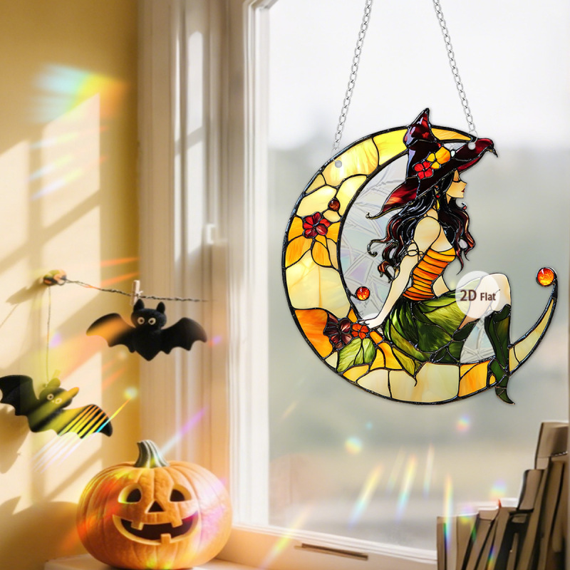 クロスボーダーハロウィン月型魔女カラス 2D アクリルカラーフィルムグレアカラフルな吊り窓装飾ポーチ装飾|undefined