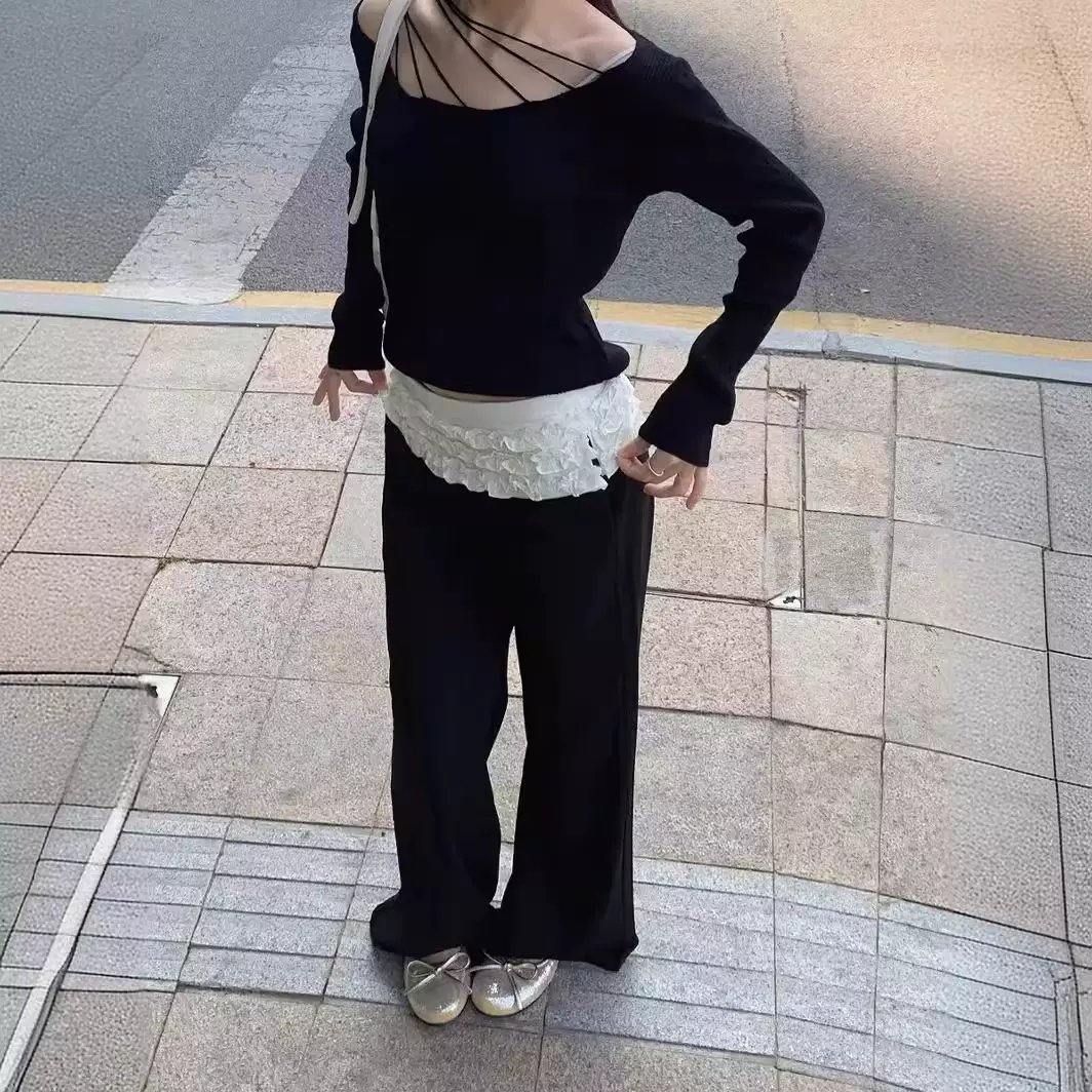 芭蕾风显瘦褶皱花边西裤高级感垂感低腰微喇阔腿裤黑色长裤女3252