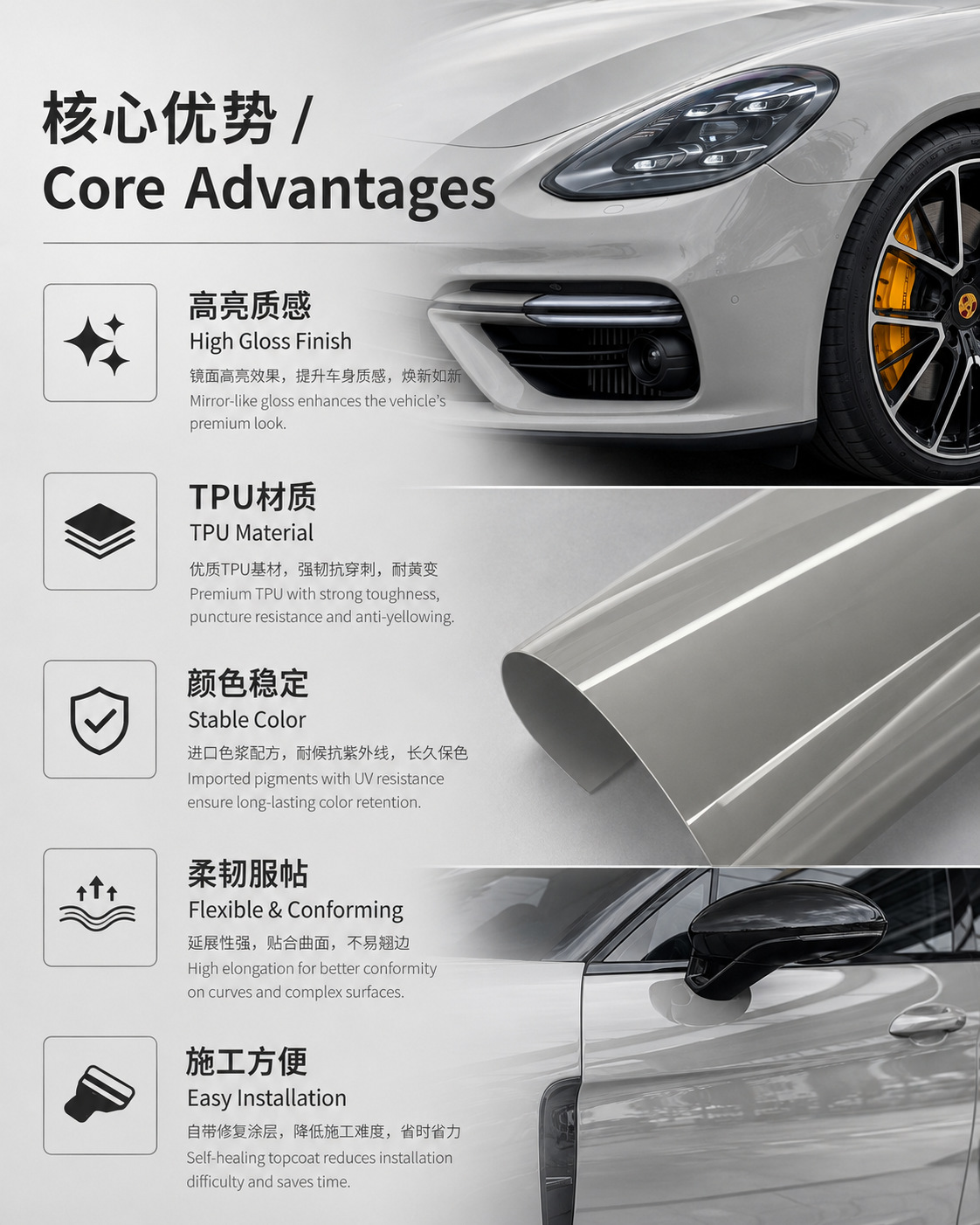 Tpu Colored Car Wrap, Porsche Gray Ppf Color Change Film, Pet Car Wrap Film, Source Factory Wholesale in Stock