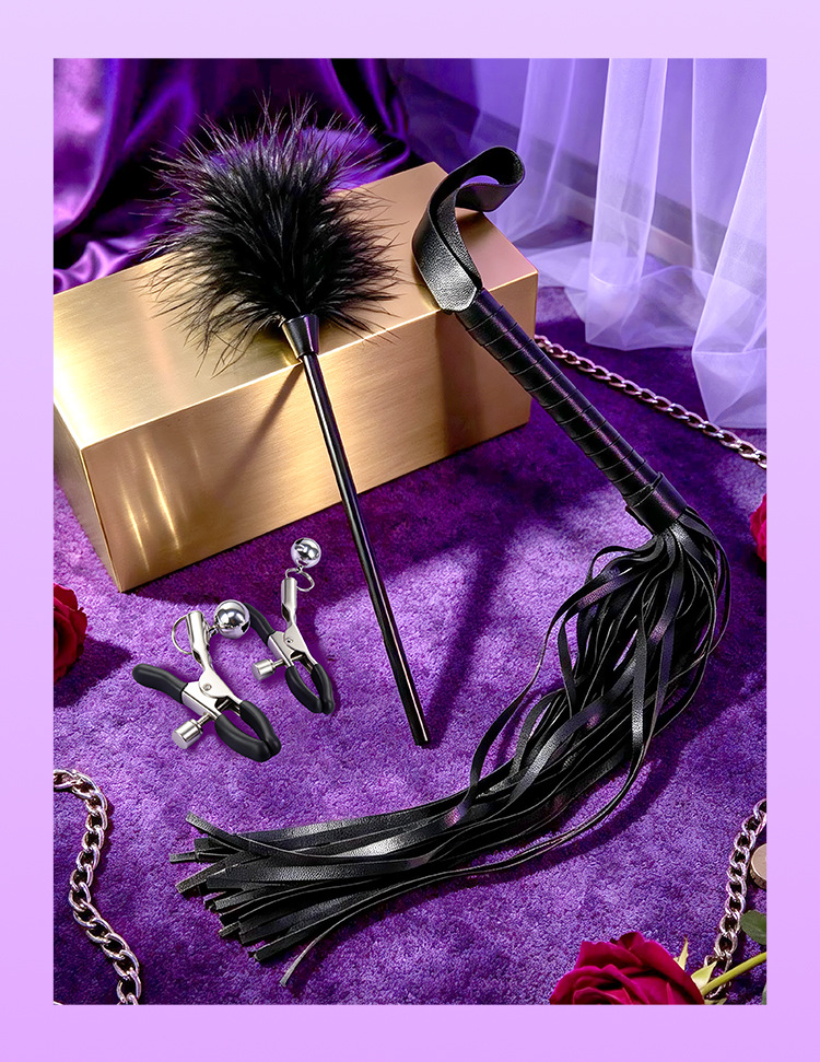 SM Faux Leather Bondage Set with Handcuffs, Whip, Anal Plug and Nipple Clamps — detail image 28