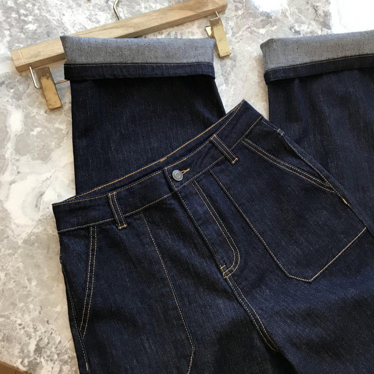 Wo out, spring limit!! Imported environmentally friendly soil cotton retro open line large pocket straight jeans for women