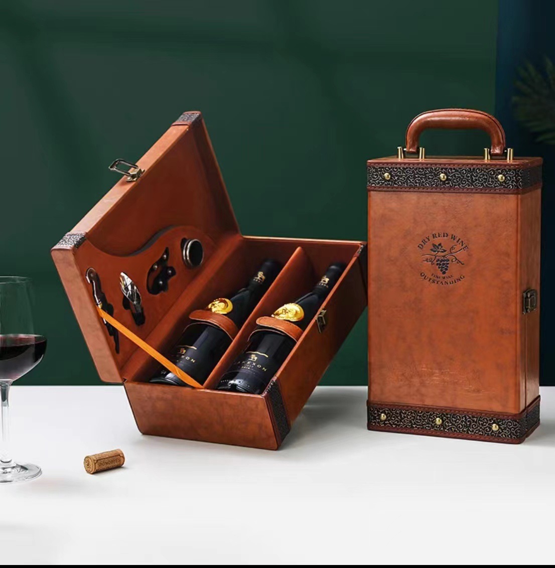 Wholesale wine packaging boxes, cowhide-texture double-bottle red wine gift boxes—new design available for custom orders.