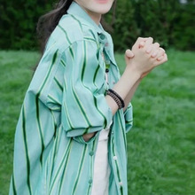 现货 热巴同款条纹衬衫上衣女夏季外搭薄宽松慵懒风防晒衫衬衣