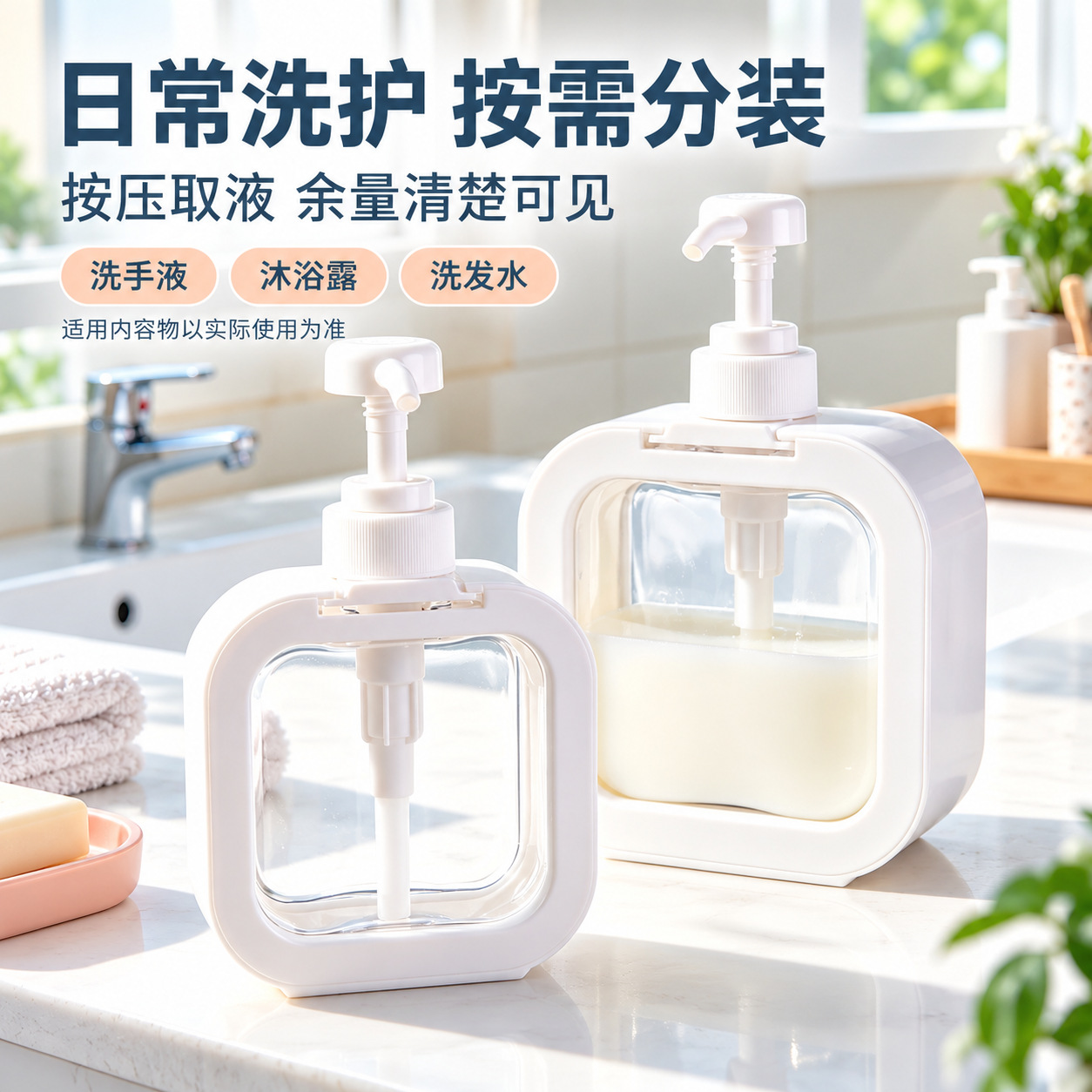 Travel-Sized Press-Type Hand Sanitizer Bottle, Simple Transparent Visible Shampoo and Shower Gel Large-Capacity Empty Bottle