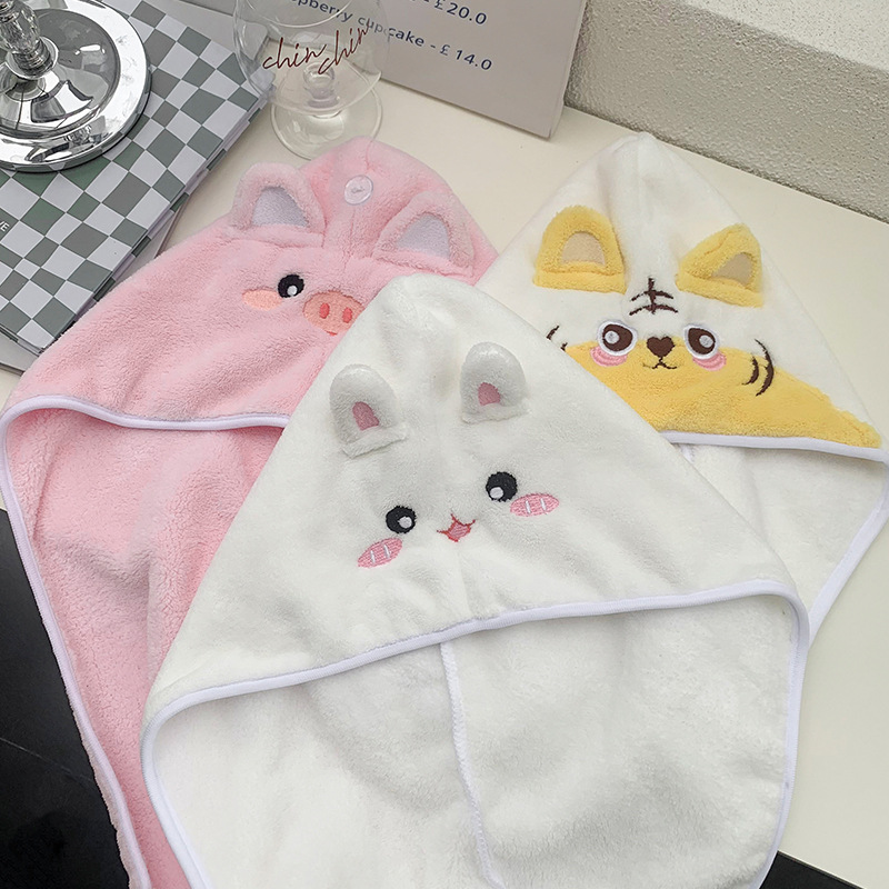 Dry Shampoo Hat for Women, Coral Fleece Quick-Drying and Absorbent Shower Cap, Cute Cartoon Famous Person Embroidered Small Animal Head Covering Dry Towel