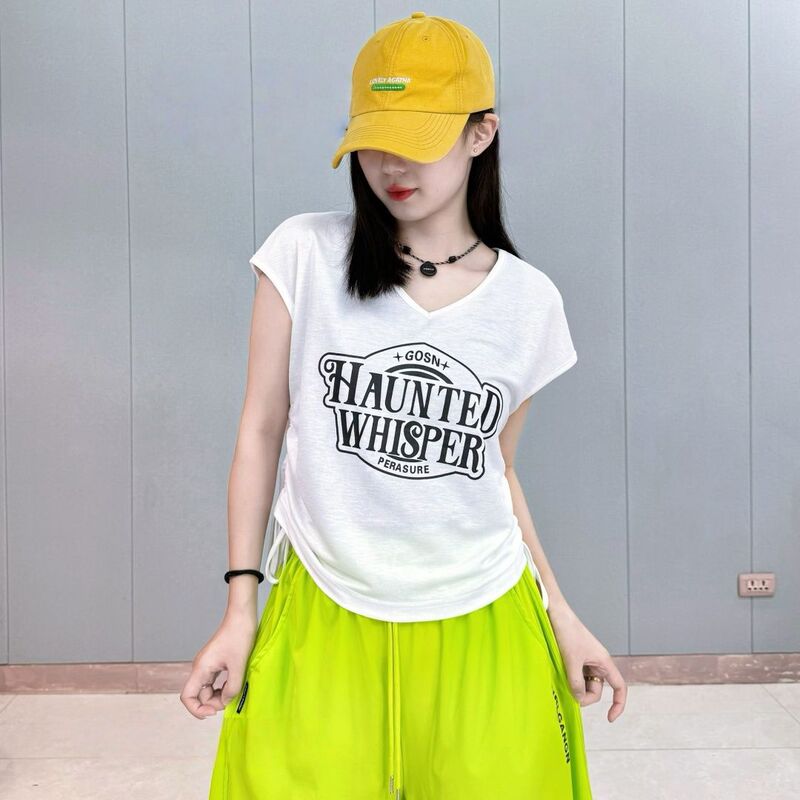 New Summer Drawstring Loose T-Shirt, Square Dance Top, V-Neck Printed Design Sports Casual Top New Summer Drawstring Loose T-Shirt, Square Dance Top, V-Neck Printed Design Sports Casual Top