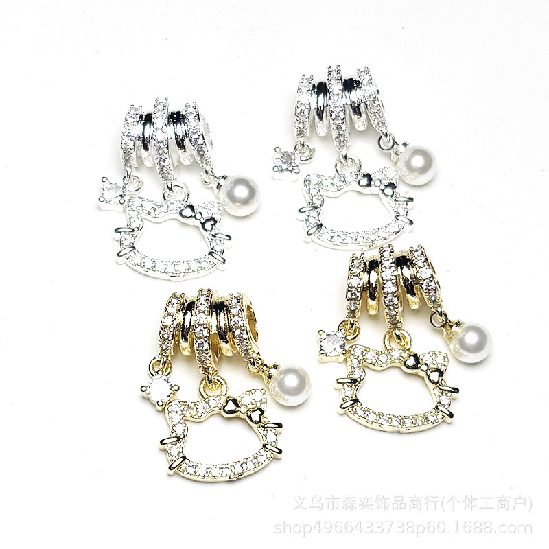 Senyi Jewelry Copper Inlaid Zirconium Kt Cat Head Pearl Pendant Bead Handmade DIY Bracelet Necklace Jewelry Accessories