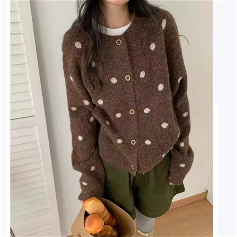 早秋新款韩系波点针织开衫女小个子秋冬高级感慵懒风毛衣外套上衣|undefined
