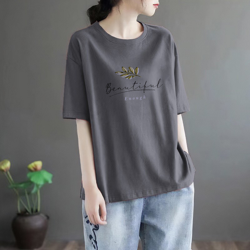 淘宝服ファッショングレー新しいラウンドネックルーズ半袖Tシャツ女性の新しいデザインの文学トップ|undefined