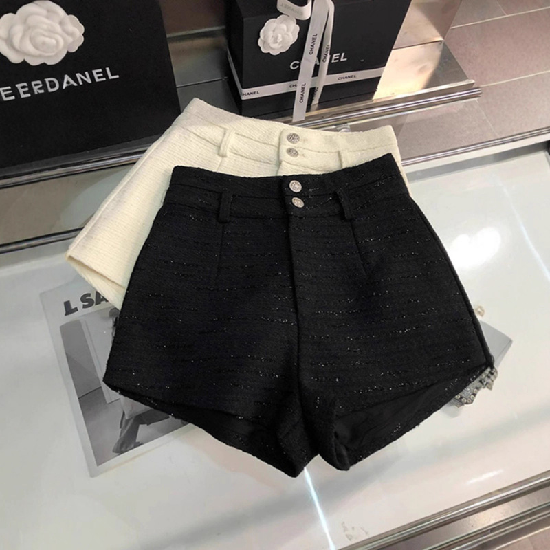 Super Nice Black Tweed Shorts Autumn and Winter Women's New High-Waist Slim Versatile A-Line Wide-Leg Boot Pants for Small People