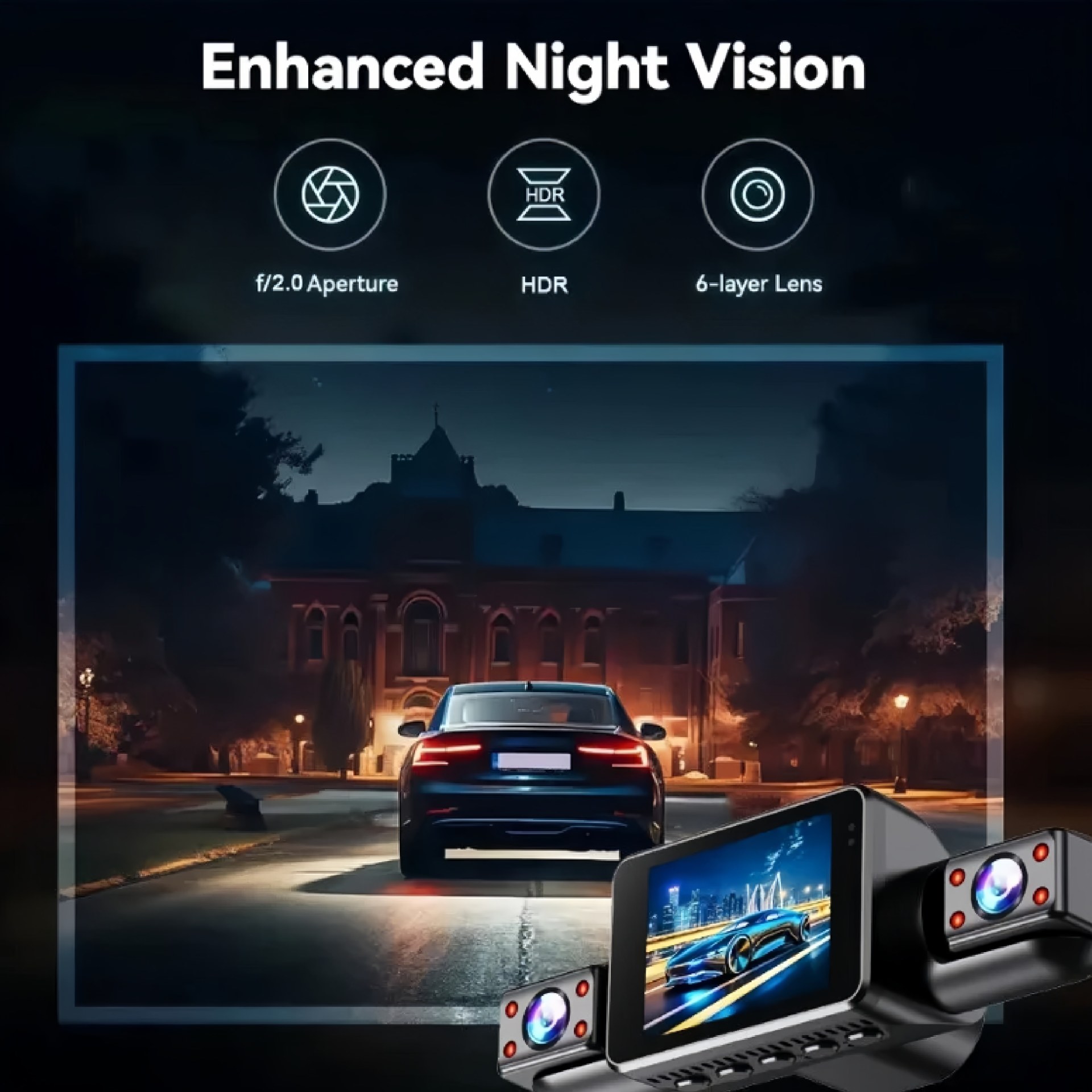 Four-lens panoramic dashcam 1080P HD WiFi connected parking monitoring car video recording device