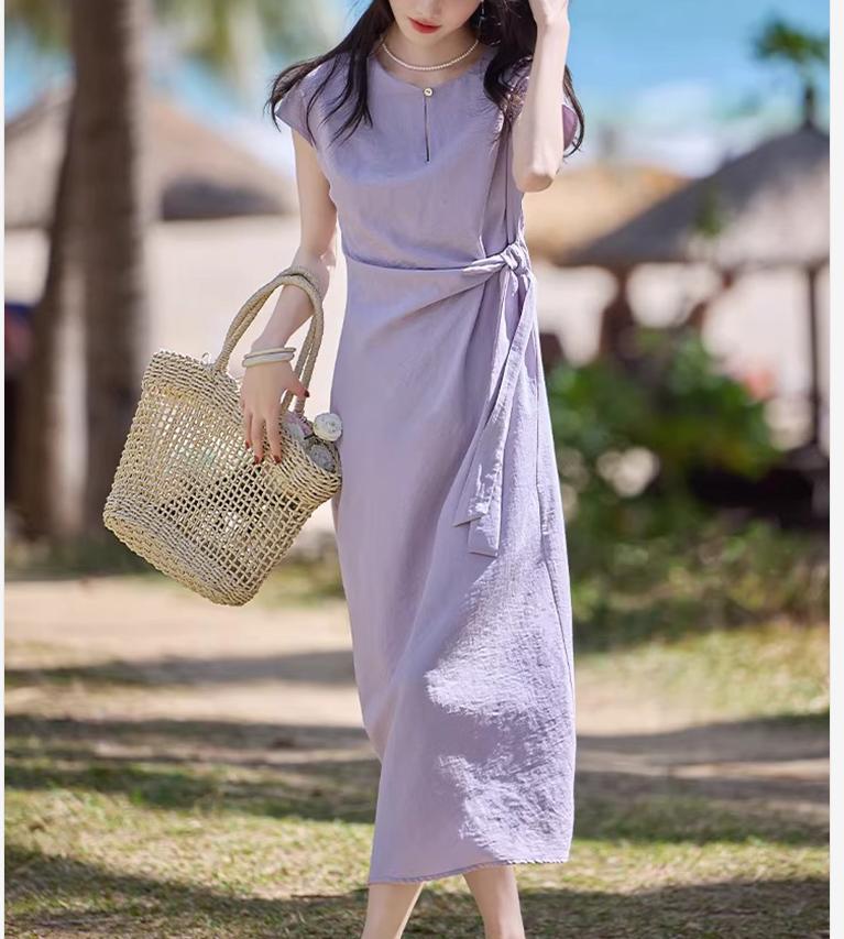 Đầm maxi nữ thắt eo tay ngắn dáng suông, thiết kế dây rút eo tôn dáng, phong cách Pháp thanh lịch mùa hè 2026 — Xanh tím chi tiết 1