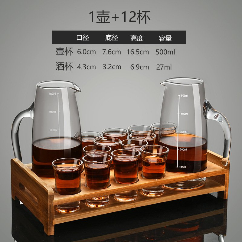 Taza de vino conjunto de taza de bala, taza de vino, taza de vino, taza de vino pequeña, taza de bambú, rack de madera, dispensador de vino, jarro de vino de vidrio