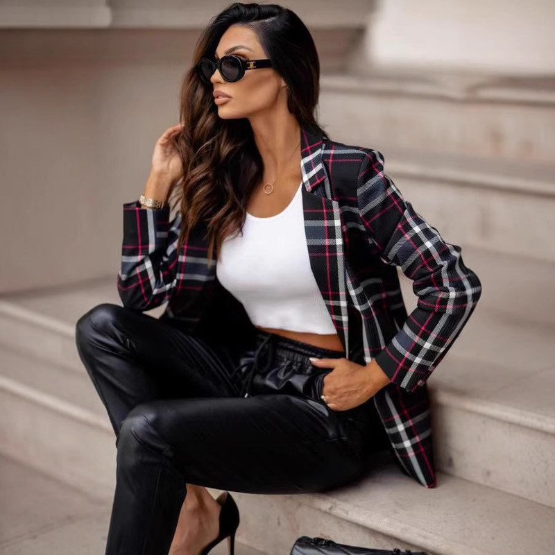 2026 European and American Autumn and Winter New Cross-Border Women's Plaid Suit Amazon Hot-Selling Long-Sleeve Blazer Top