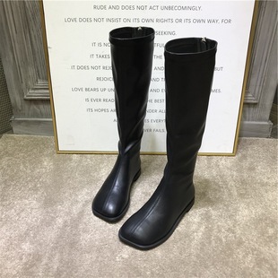 South Korea Dongdaemun 2024 Autumn and Winter New Square Head Retro Flat Bottom Elastic High Boots British Style Rider Boots Women's Trendy