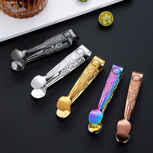 Cross-border 304 stainless steel ice clip, sugar clip, retro rose pattern ice bucket, ice cube clip, food clip, bar ice clip