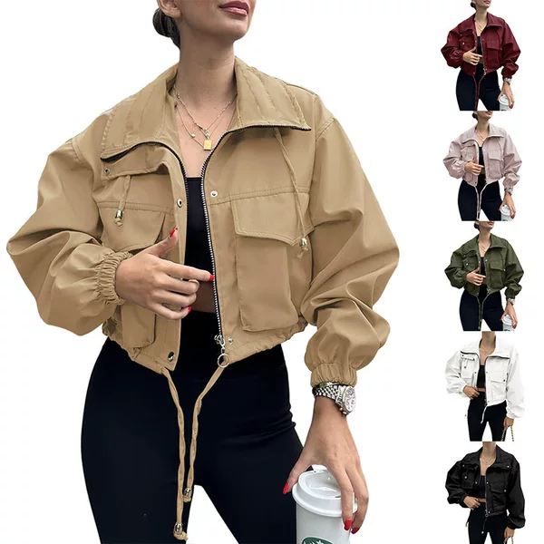 Amazon 2025 Cross-Border European and American Autumn New Women's Solid Color Short Jacket Zip-Up Windbreaker Coat