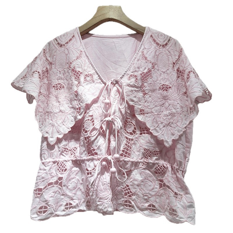 Dolce Jacquard hueco camisa de manga corta de cuello naval para mujeres 2026 nuevo verano coreano corta corta corta camisa