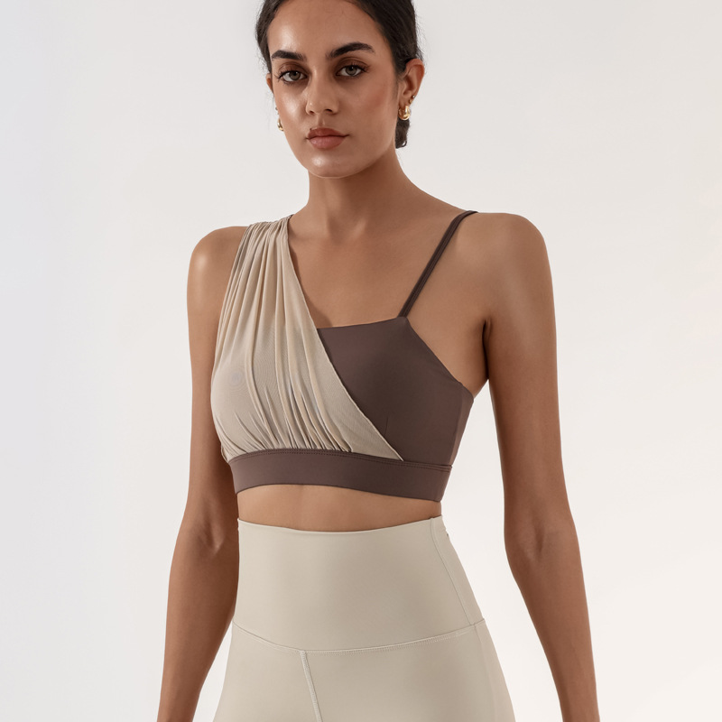 Sujetador deportivo transfronterizo para mujer con almohadilla para el pecho Yoga entrenamiento de fitness costura de malla color de contraste alta elasticidad secado rápido nude sujetador