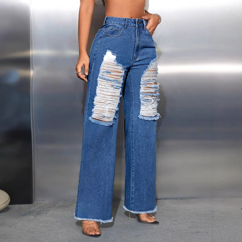 -65300#Amazon cross-border foreign trade women's clothing European and American INS fashion casual ripped wide-leg jeans 