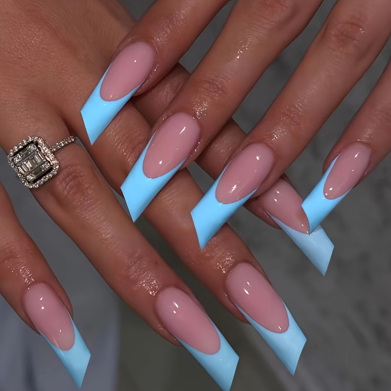 Cross-border Europe and the United States hot flash broken diamond blue edge high sense design nail art lipstick long fake nails wholesale