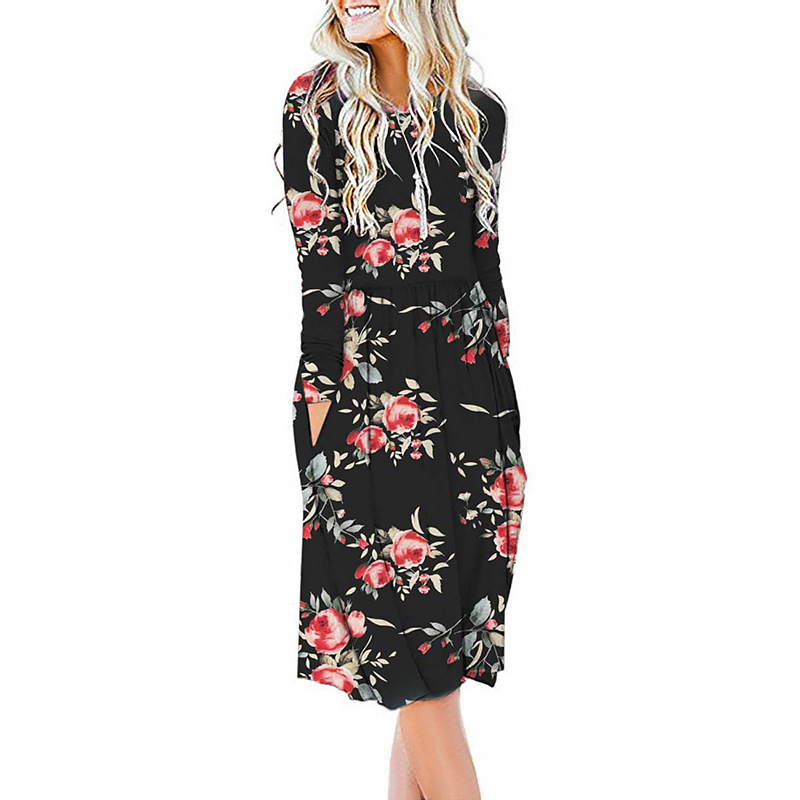 autumn and winter women s printed long-sleeved round neck waist dress nihaostyles clothing wholesale NSZH71388