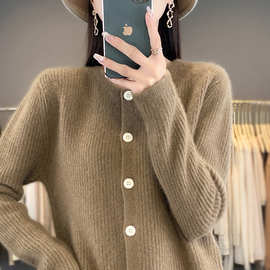 2025秋新款100纯羊毛外套女元宝针厚宽松保暖毛衣针织开衫冬上衣