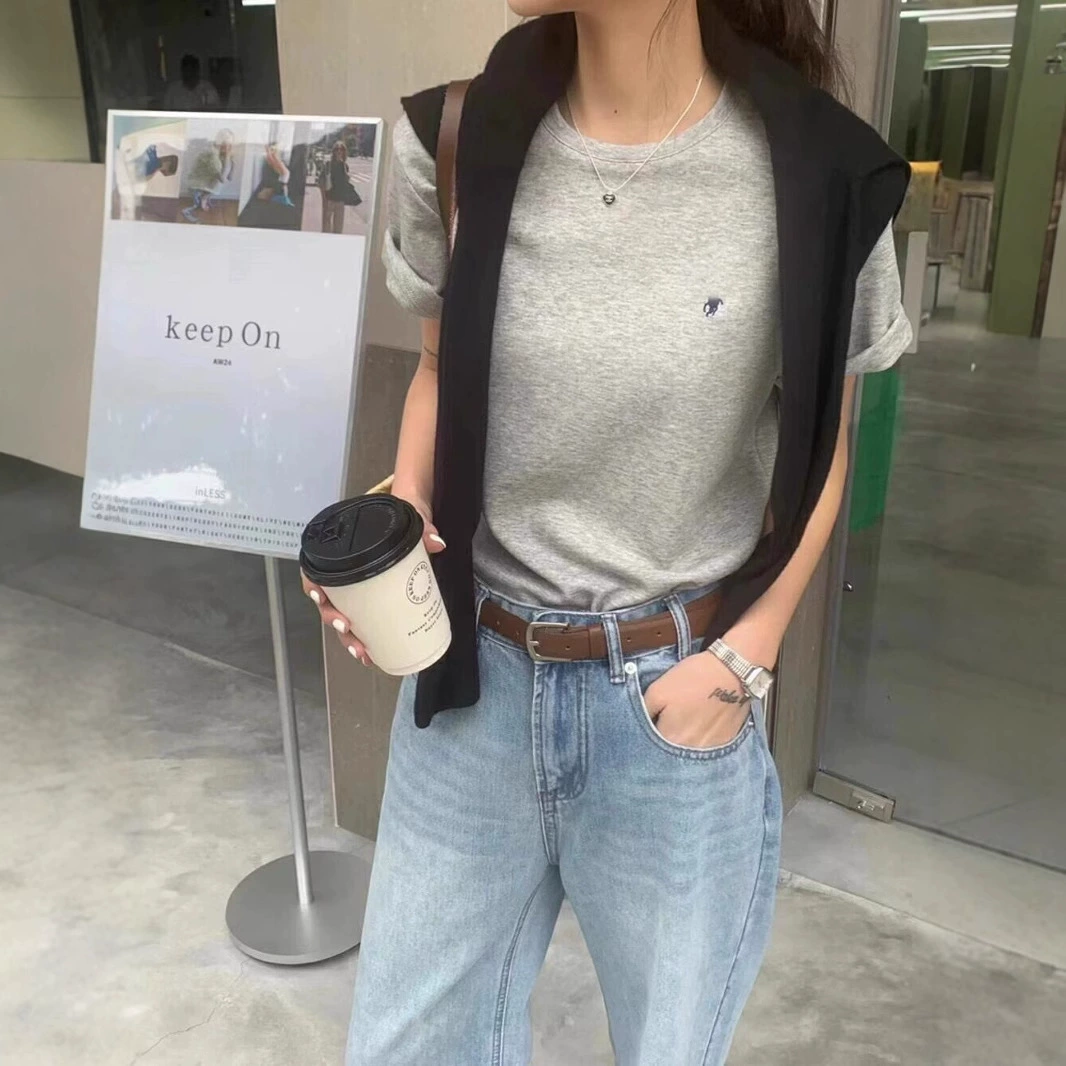 RL Rlaf Po стандартная хлопковая американская футболка с короткими рукавами мужская вышивка с круглым вырезом летняя пара топ женский сплошной цвет