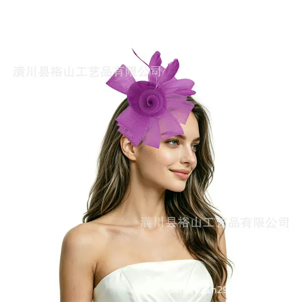 Bridal Wedding Feather Hair Accessory for Women, Tea Party, Horse Racing Festival, Mesh Head Flower, Large Hat Flower, Feather Head Flower