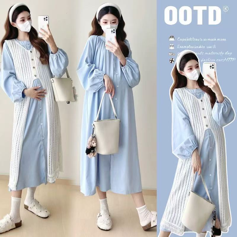 2026 Spring and Autumn High-End Fashionable Outfits for Pregnant Women: Stylish and Trendy Loose Shirt Dress Two-Piece Set