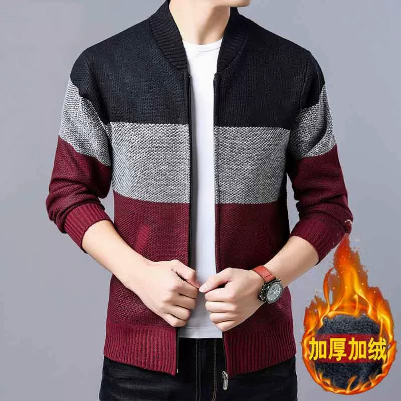 [Утолщенный на флисовой подкладке] Зимний утолщенный мужской кардиган, свитер с воротником-стойкой, свитер на флисовой подкладке, мужское шерстяное пальто больших размеров