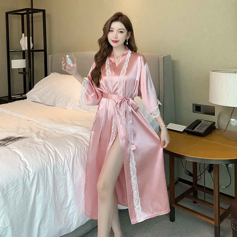 Camisón de otoño e invierno, dama de honor de seda de hielo femenino, bata de la mañana, bata de baño sexy, estilo de hotel, servicio a domicilio suelto de gran tamaño para damas