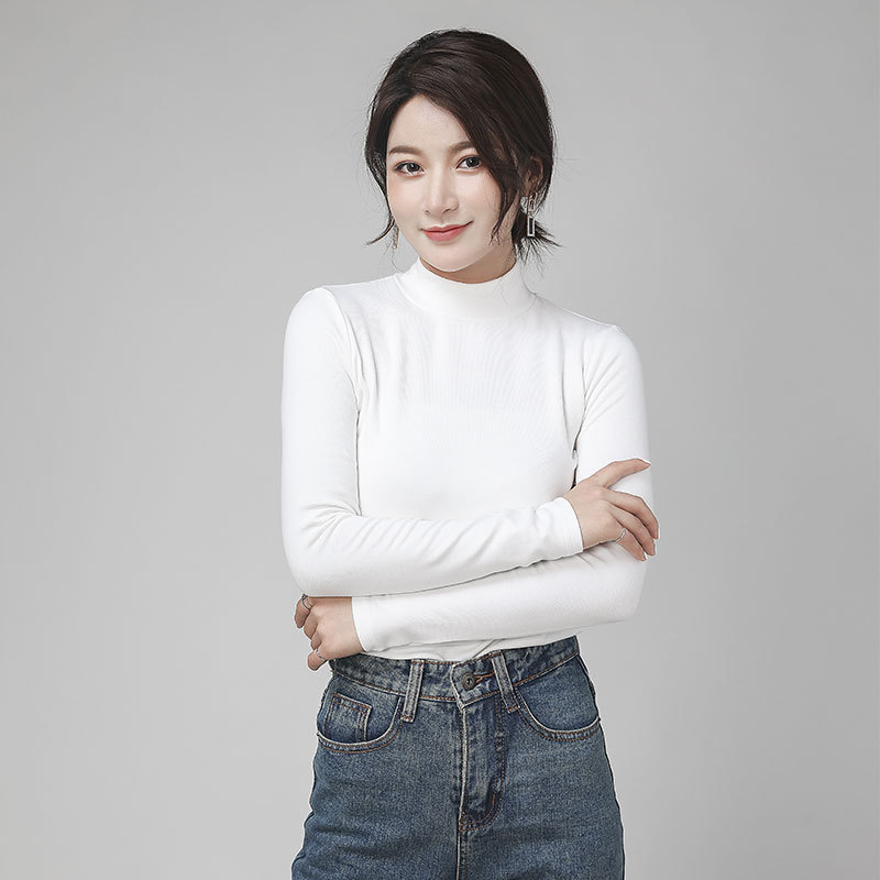 Mid-Collar Stylish Warm Base Shirt Women's Autumn and Winter New Solid Color Slim Fit Cotton Piled Collar Tight Top for Women