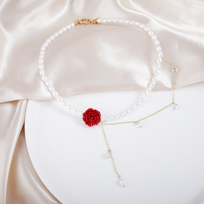 Rhinestones Inlay Material Sweet Rose Flower Rhinestones Imitation Pearl Alloy Choker Wholesale