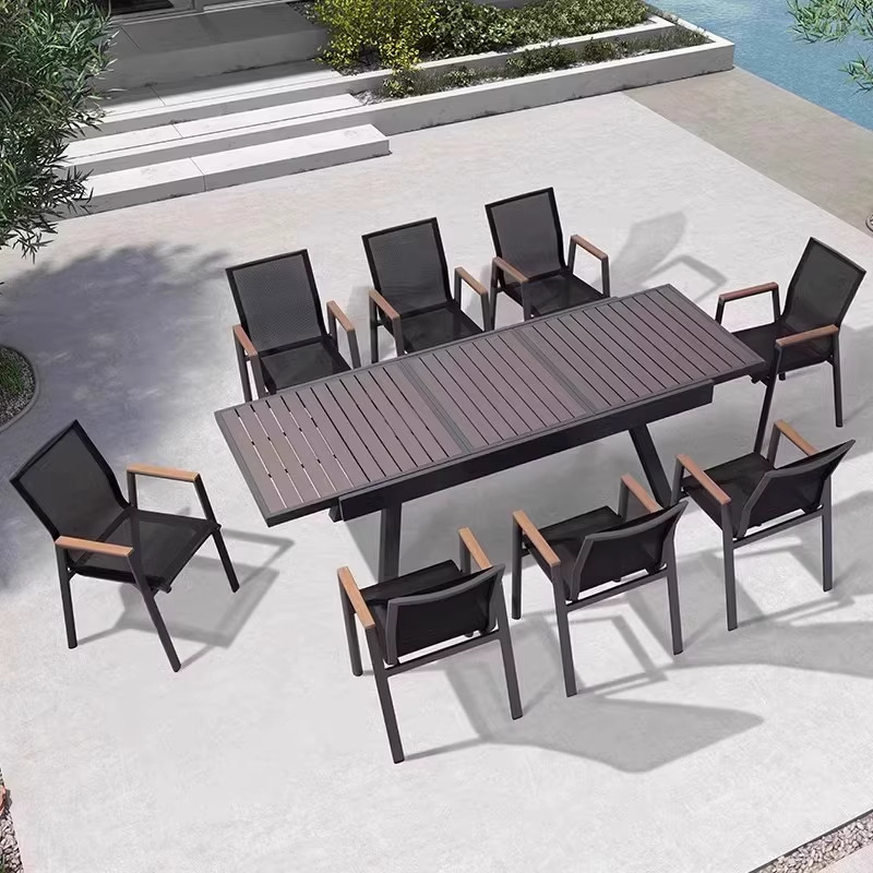 Mesa y silla de patio al aire libre, madera plástica, casa nórdica, patio al aire libre, jardín al aire libre, balcón, combinación de terraza de ocio
