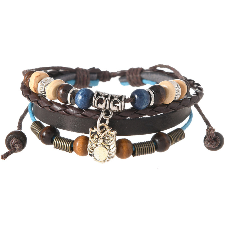 Factory direct retro beaded cowhide bracelet adjustable personality owl small pendant leather bracelet jewelry